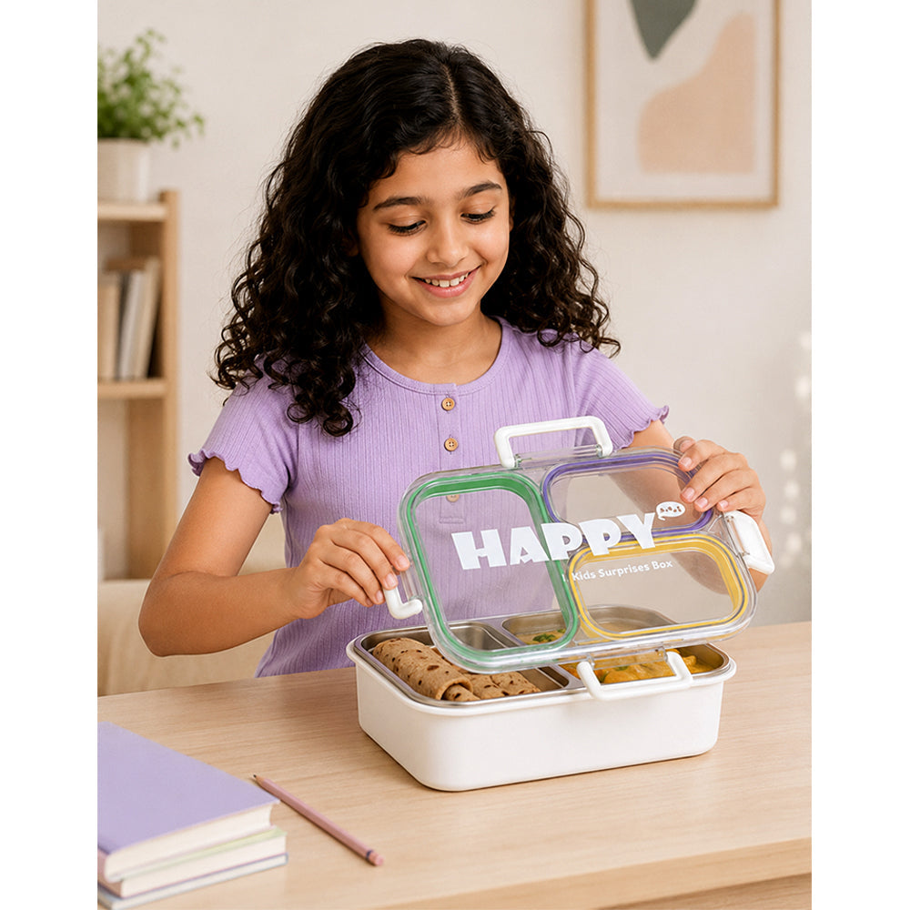 Green, Purple & Yellow Transparent Lid Happy Bites Lunch Box