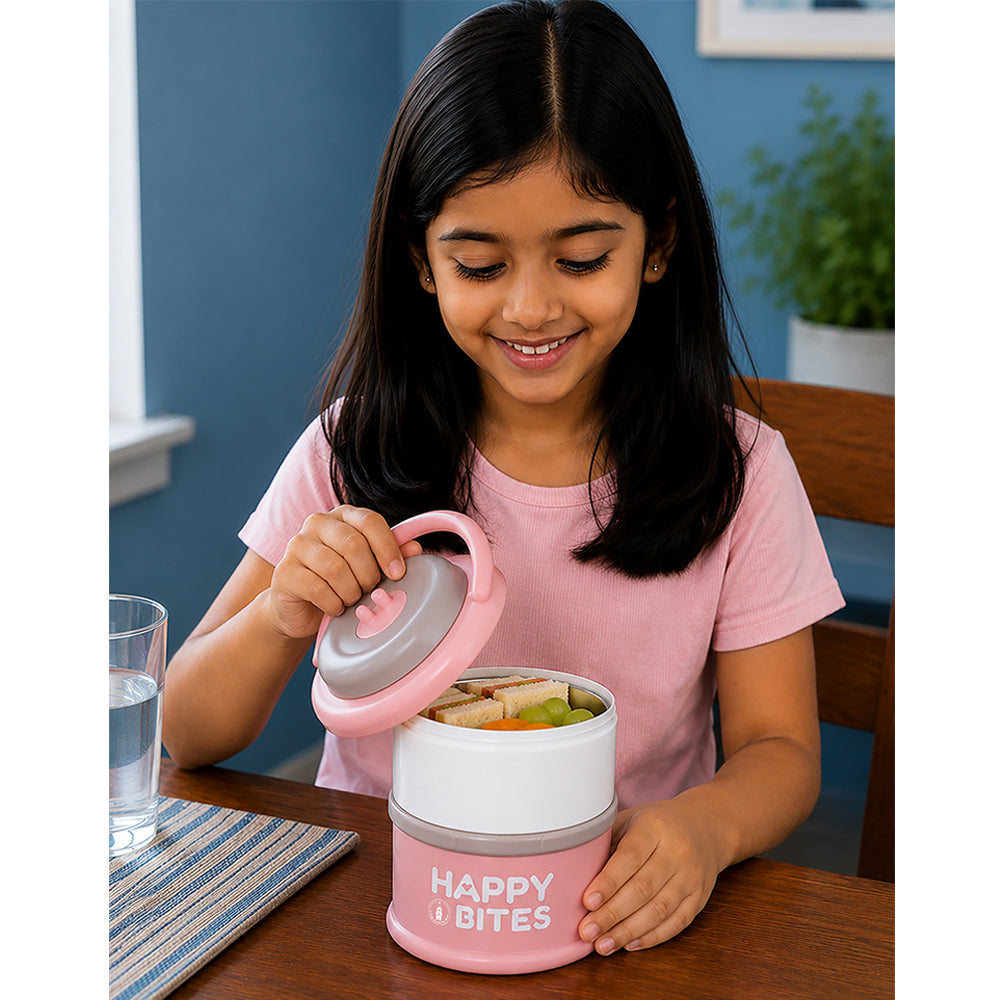 Pink Happy Bites Double Decker Stainless Steel Lunch Box