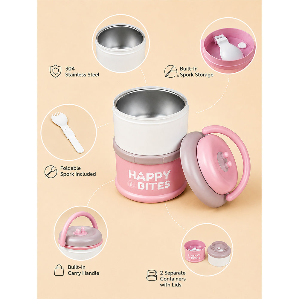 Pink Happy Bites Double Decker Stainless Steel Lunch Box