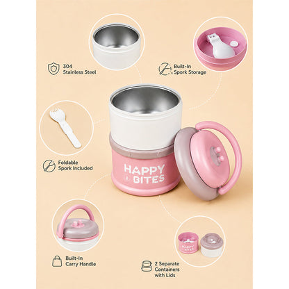 Pink Happy Bites Double Decker Stainless Steel Lunch Box