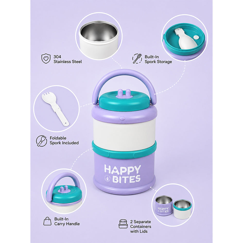 Purple Happy Bites Double Decker Stainless Steel Lunch Box