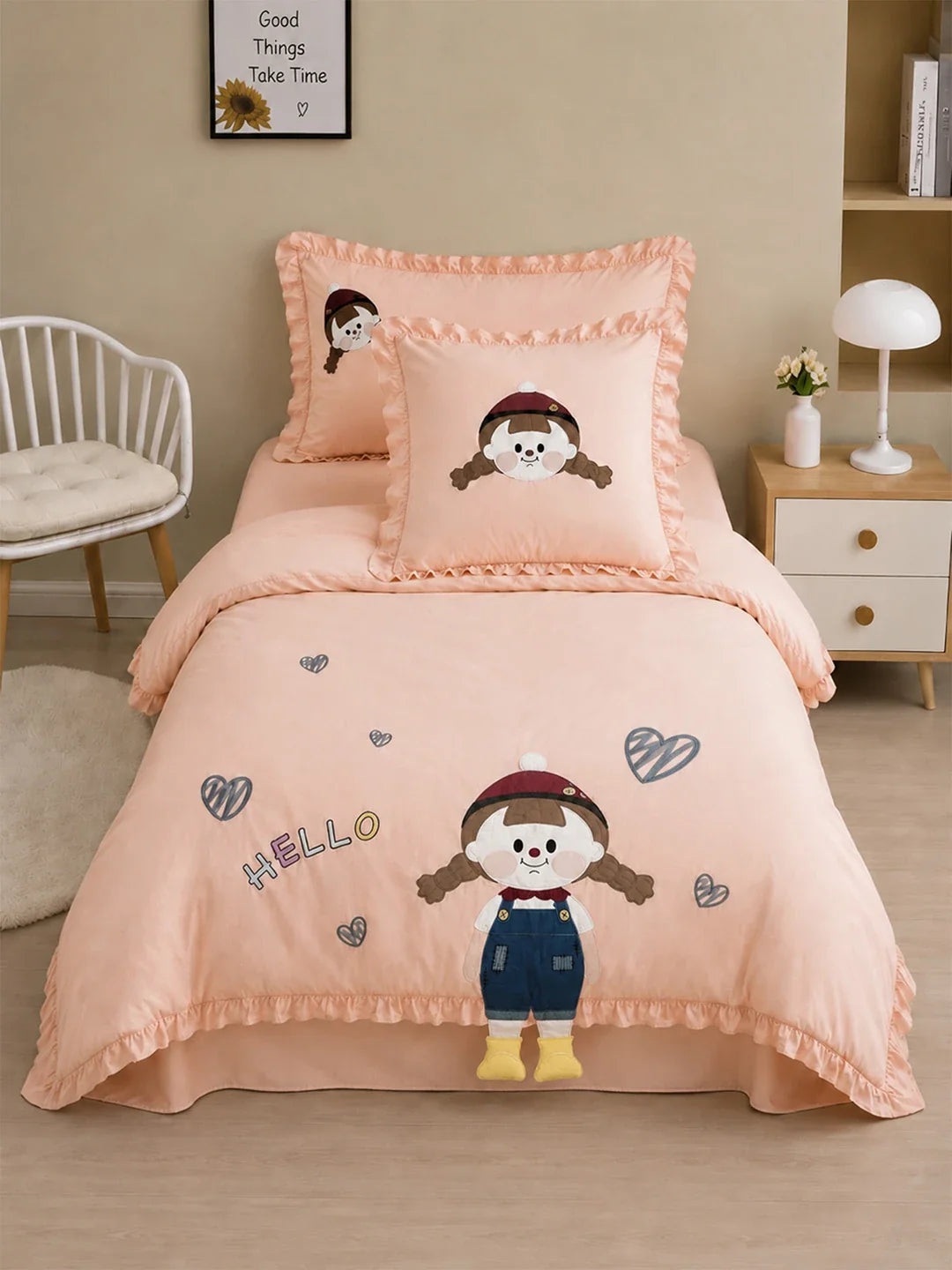4 Pcs Little Girl Theme Embroidered Single Bed Bedding Set