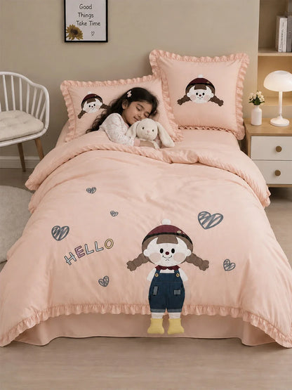 4 Pcs Little Girl Theme Embroidered Single Bed Bedding Set