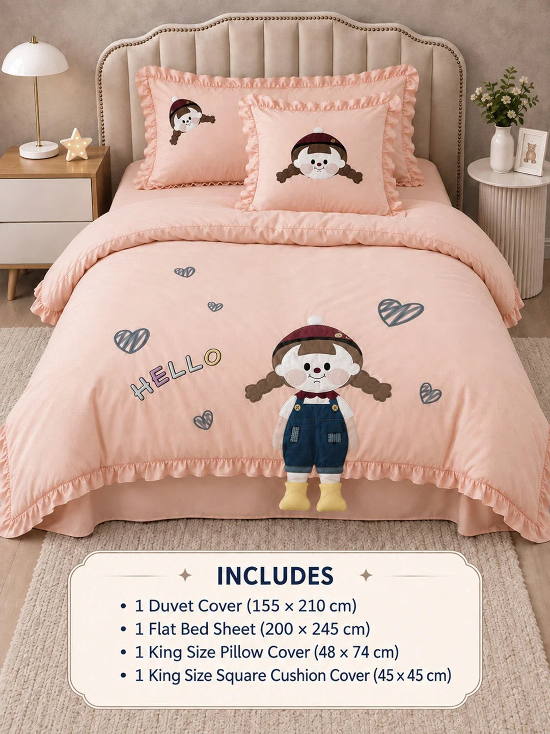 4 Pcs Little Girl Theme Embroidered Single Bed Bedding Set
