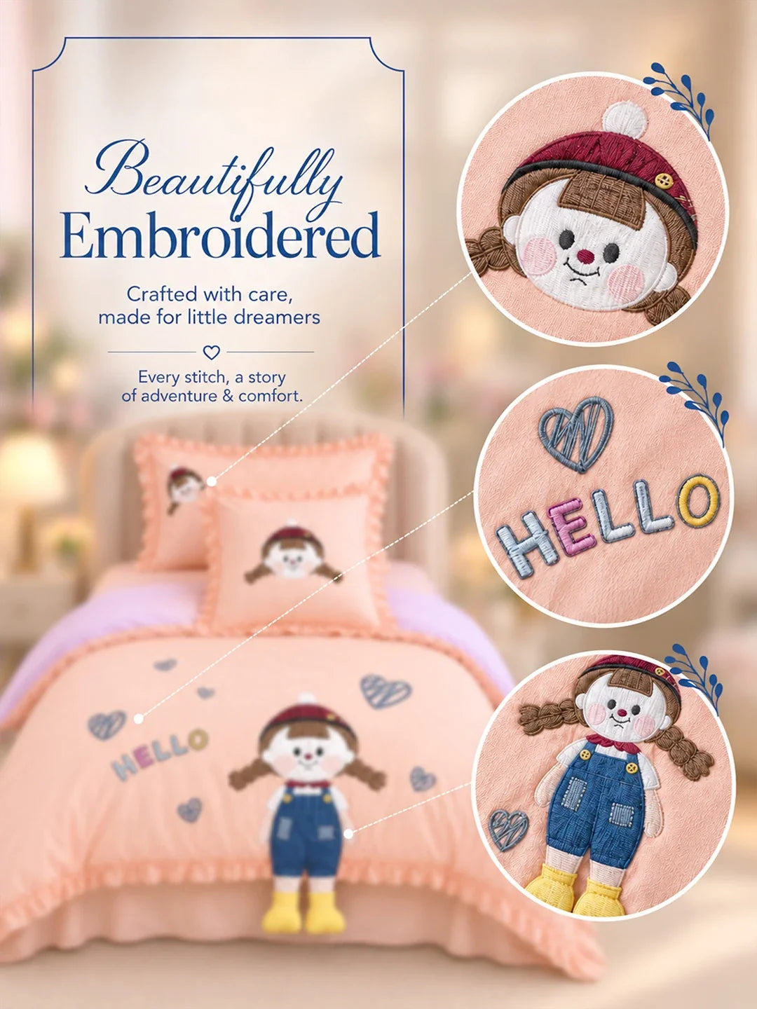 4 Pcs Little Girl Theme Embroidered Single Bed Bedding Set