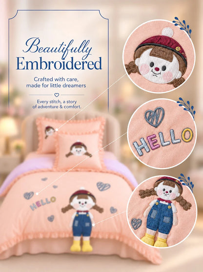 4 Pcs Little Girl Theme Embroidered Single Bed Bedding Set