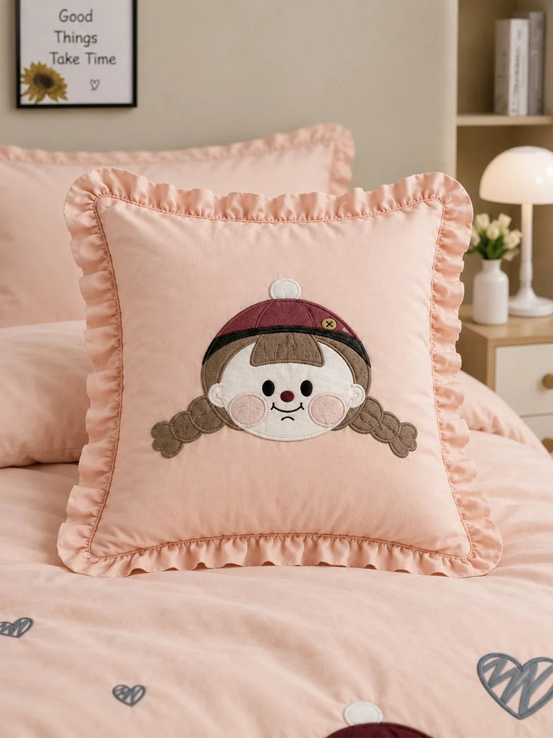4 Pcs Little Girl Theme Embroidered Single Bed Bedding Set