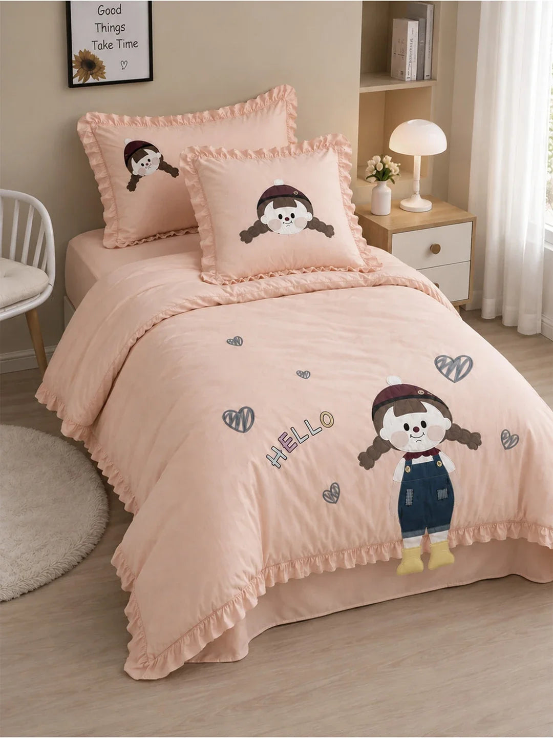 4 Pcs Little Girl Theme Embroidered Single Bed Bedding Set