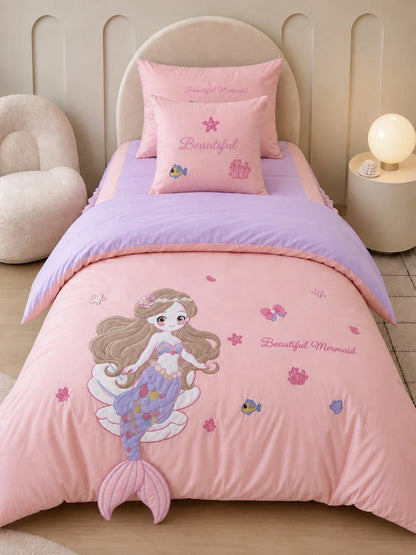 4 Pcs Mermaid Princess Theme Embroidered Single Bed Bedding Set