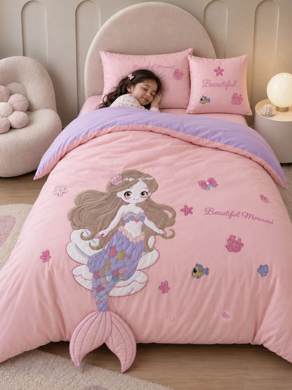 4 Pcs Mermaid Princess Theme Embroidered Single Bed Bedding Set