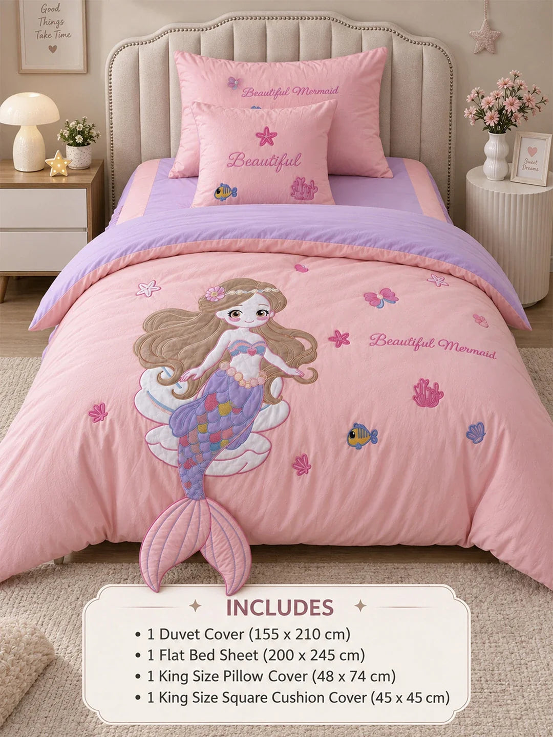 4 Pcs Mermaid Princess Theme Embroidered Single Bed Bedding Set