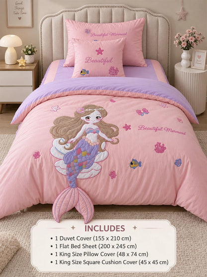 4 Pcs Mermaid Princess Theme Embroidered Single Bed Bedding Set