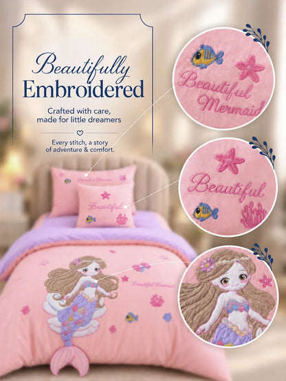 4 Pcs Mermaid Princess Theme Embroidered Single Bed Bedding Set