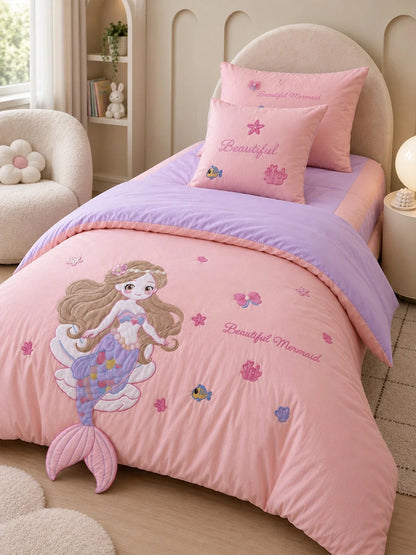 4 Pcs Mermaid Princess Theme Embroidered Single Bed Bedding Set