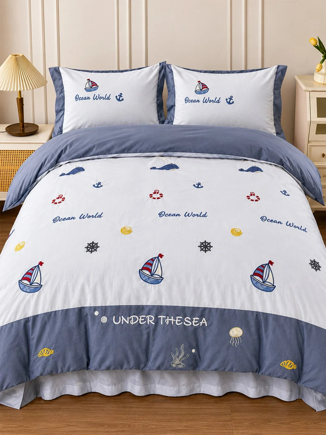 4 Pcs Nautical Theme Embroidered King Size Bedding Set
