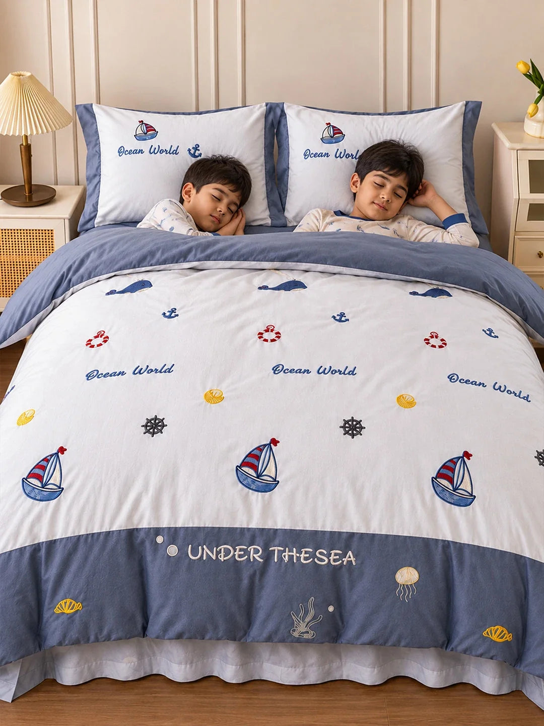 4 Pcs Nautical Theme Embroidered King Size Bedding Set