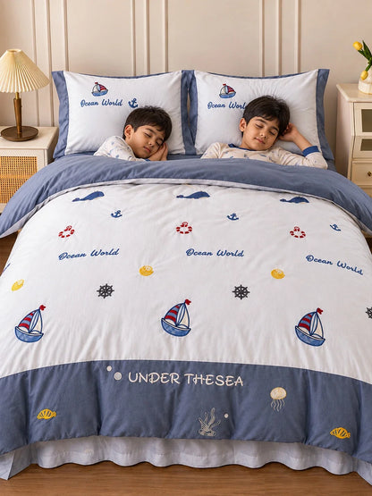4 Pcs Nautical Theme Embroidered King Size Bedding Set