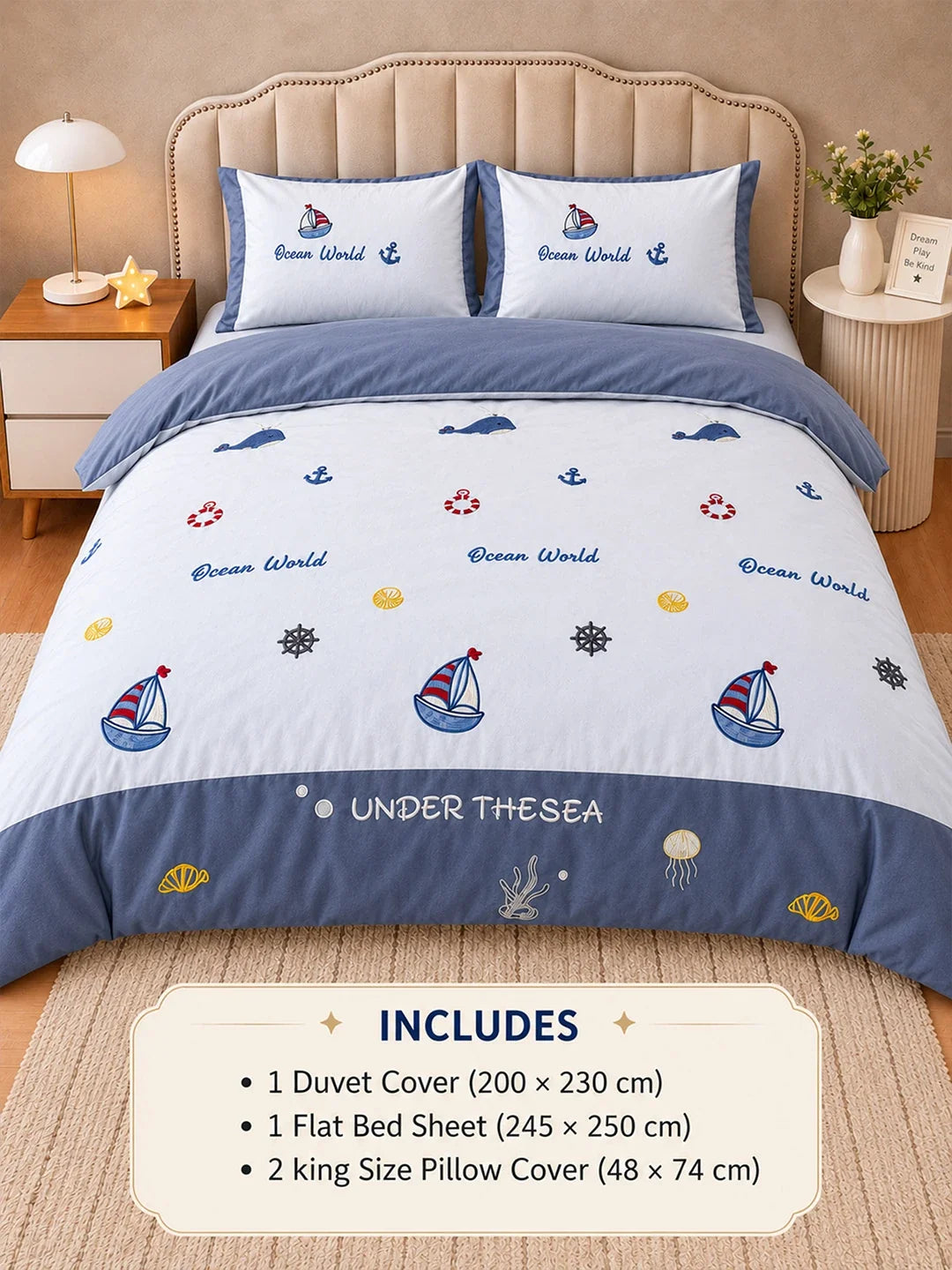 4 Pcs Nautical Theme Embroidered King Size Bedding Set