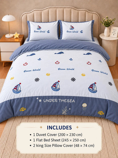 4 Pcs Nautical Theme Embroidered King Size Bedding Set