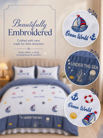 4 Pcs Nautical Theme Embroidered King Size Bedding Set
