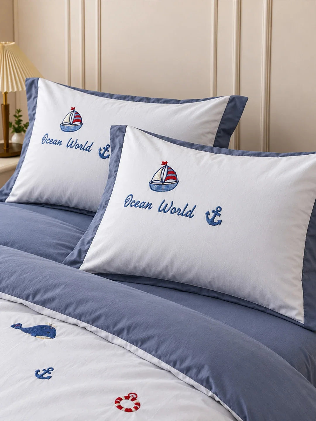 4 Pcs Nautical Theme Embroidered King Size Bedding Set
