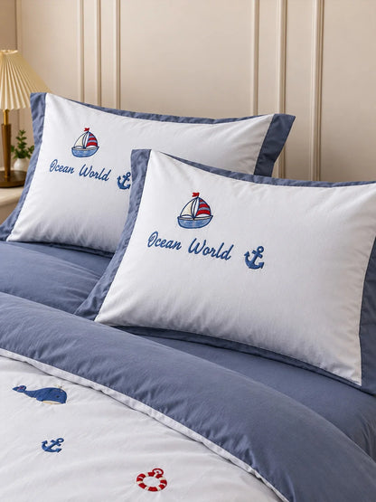 4 Pcs Nautical Theme Embroidered King Size Bedding Set