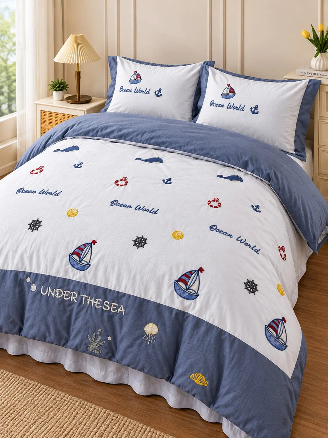 4 Pcs Nautical Theme Embroidered King Size Bedding Set