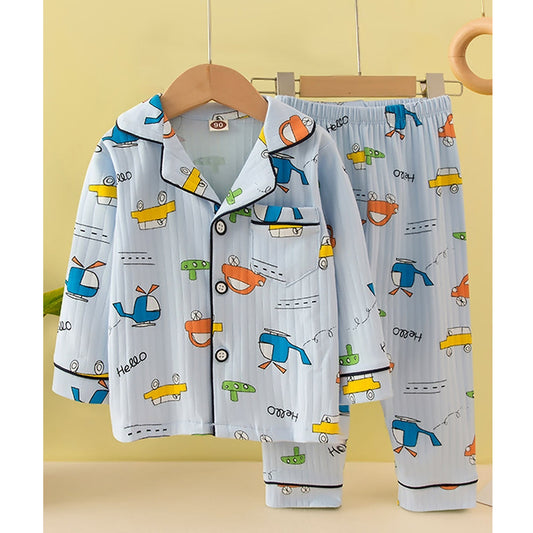 Blue Car & Plane print soft cotton Kids nightsuit - Little Surprise Box