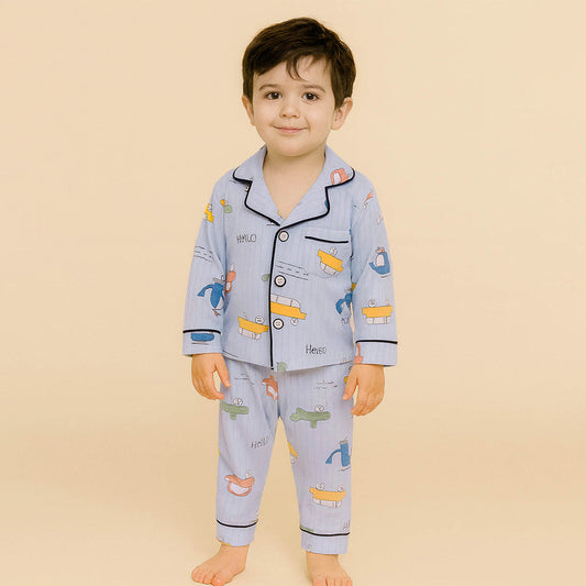 Blue Car & Plane print soft cotton Kids nightsuit - Little Surprise Box