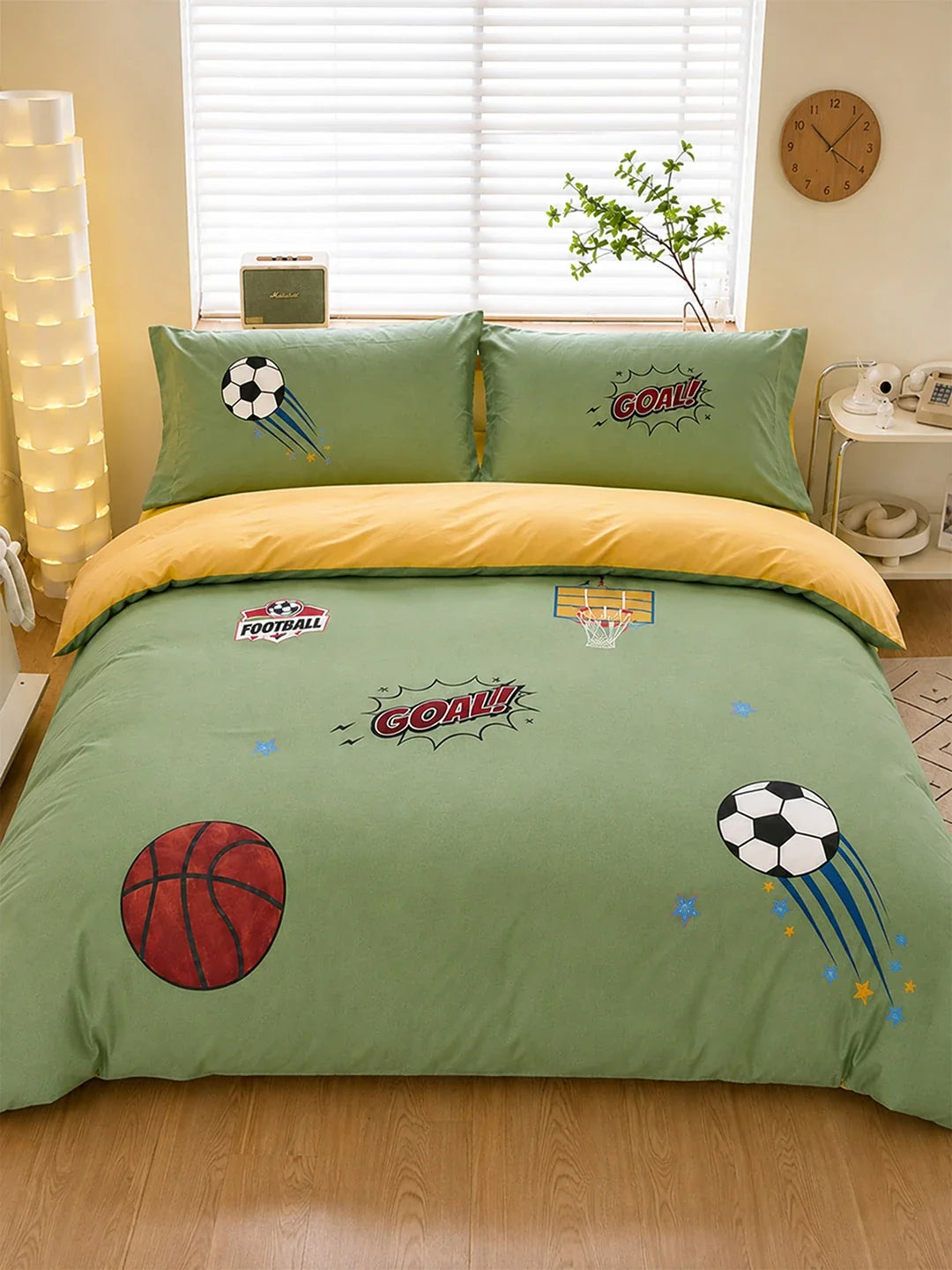 4 Pcs Olive Sports Goal Theme Embroidered King Size Bedding Set