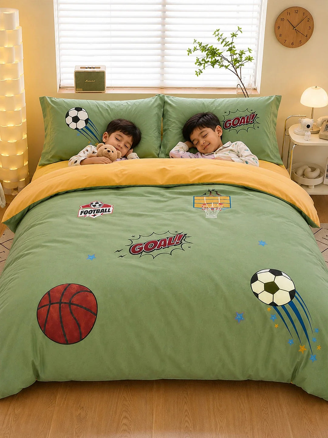 4 Pcs Olive Sports Goal Theme Embroidered King Size Bedding Set
