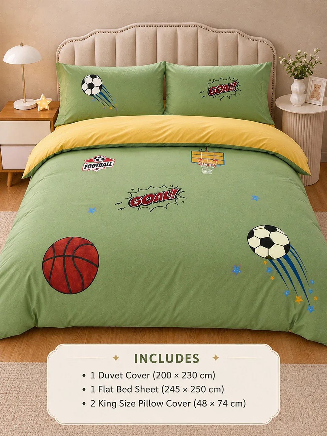 4 Pcs Olive Sports Goal Theme Embroidered King Size Bedding Set