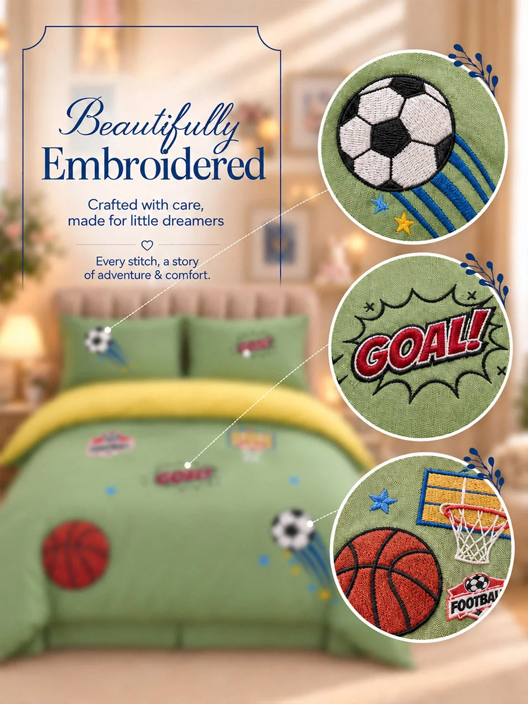 4 Pcs Olive Sports Goal Theme Embroidered King Size Bedding Set