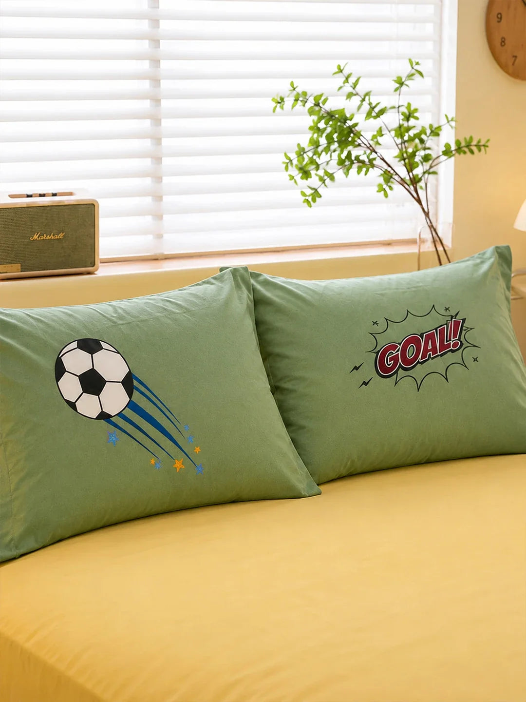 4 Pcs Olive Sports Goal Theme Embroidered King Size Bedding Set