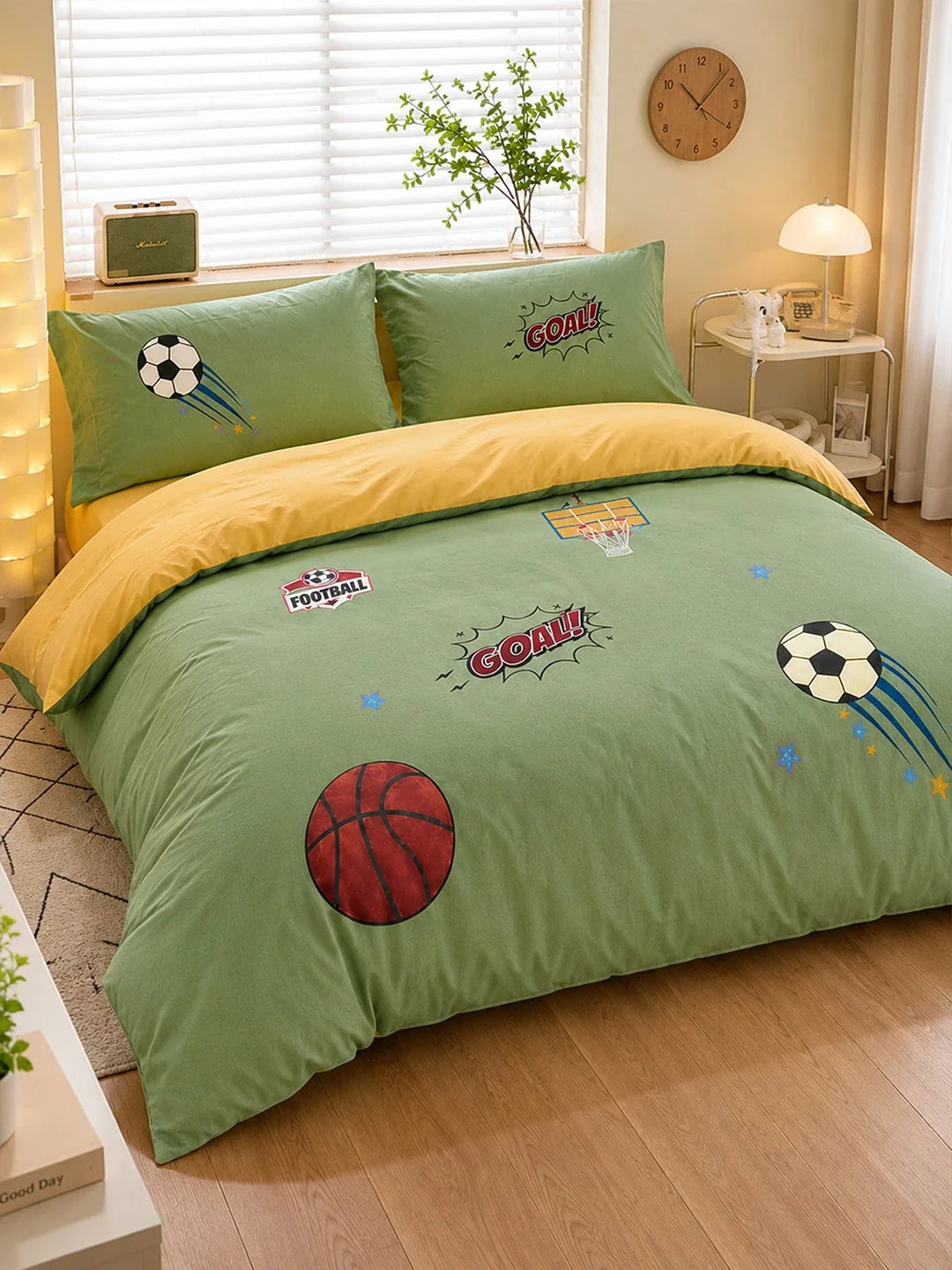4 Pcs Olive Sports Goal Theme Embroidered King Size Bedding Set