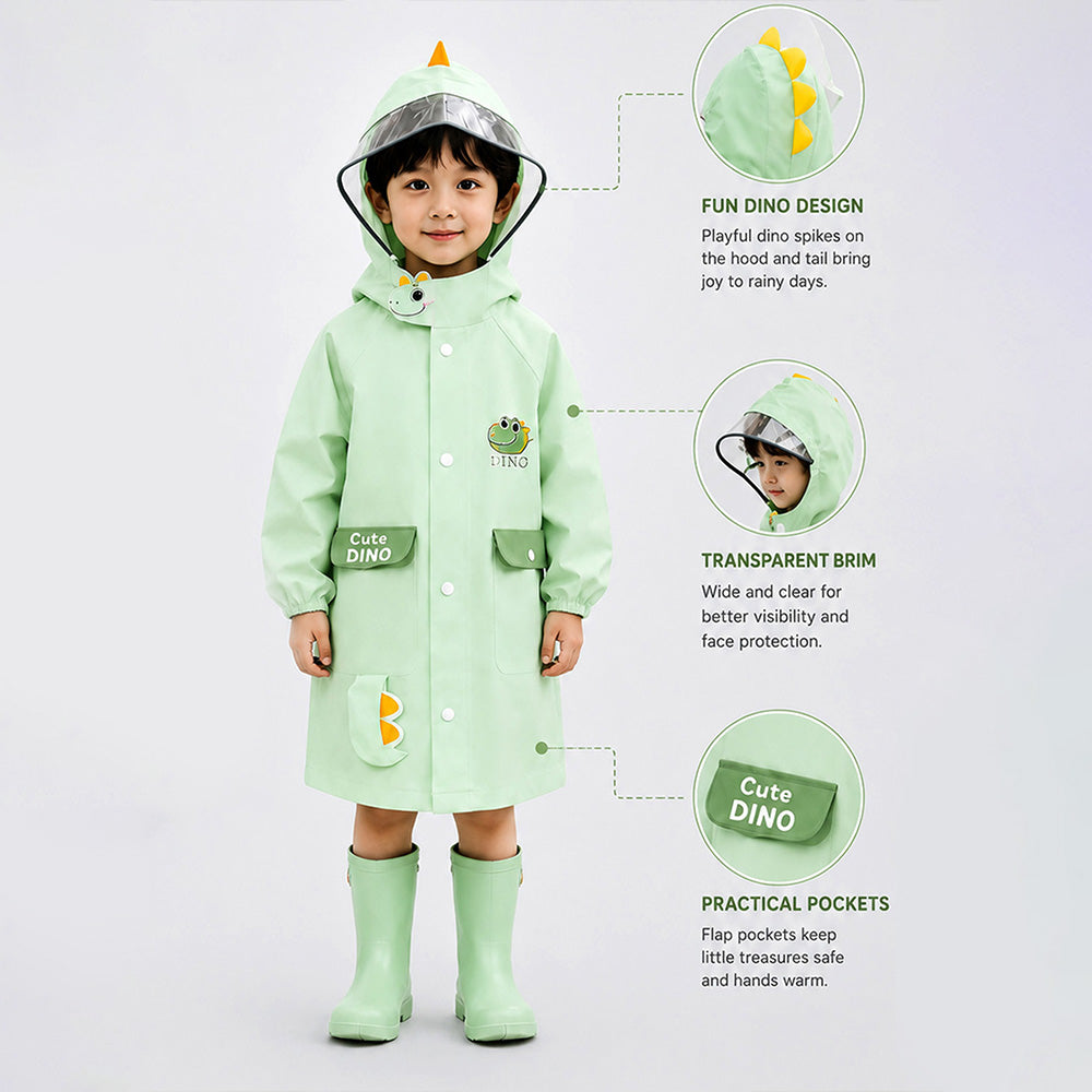 3D Dino Face & Tail Knee Length Raincoat for Kids