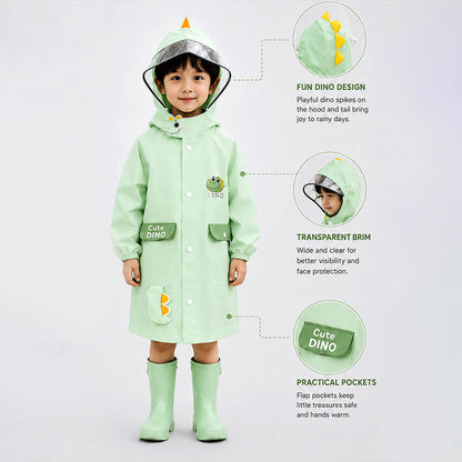 3D Dino Face & Tail Knee Length Raincoat for Kids