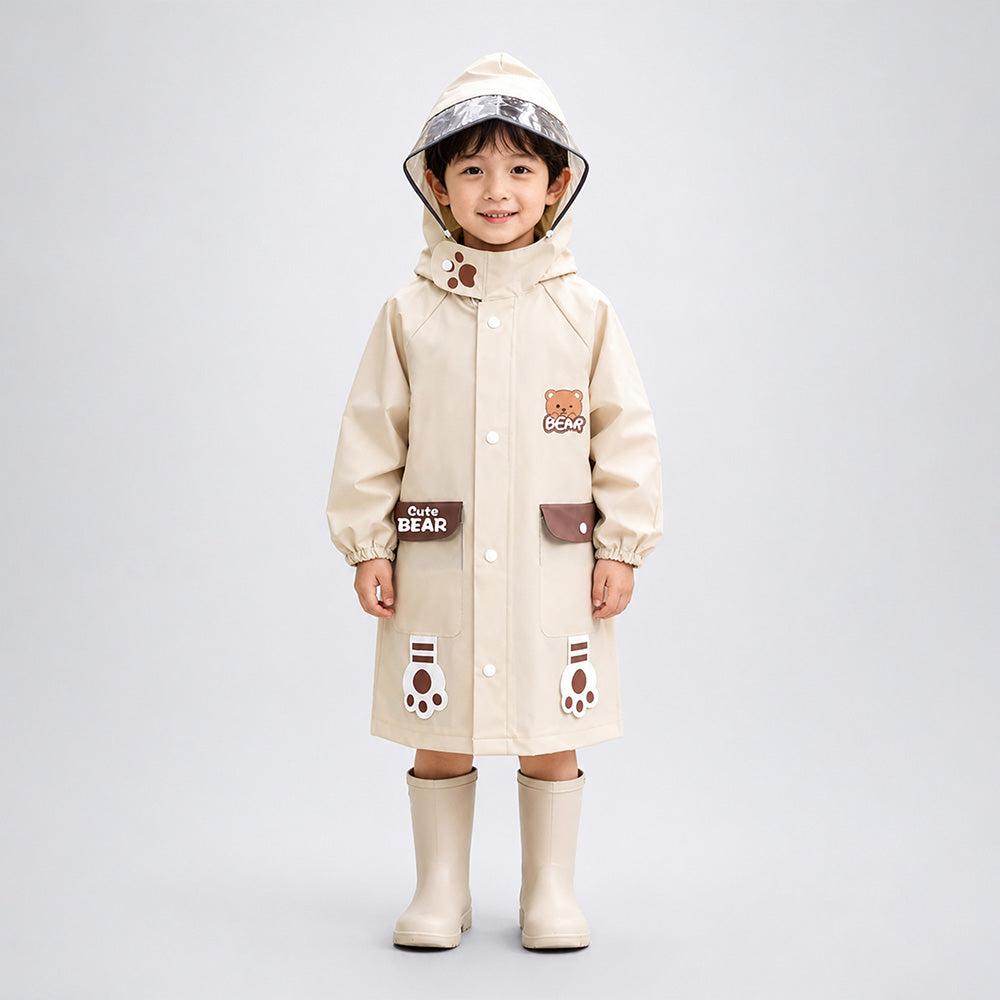Beige Bear 3D Paw Knee Length Raincoat for Kids