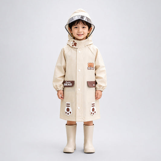 Beige Bear 3D Paw Knee Length Raincoat for Kids