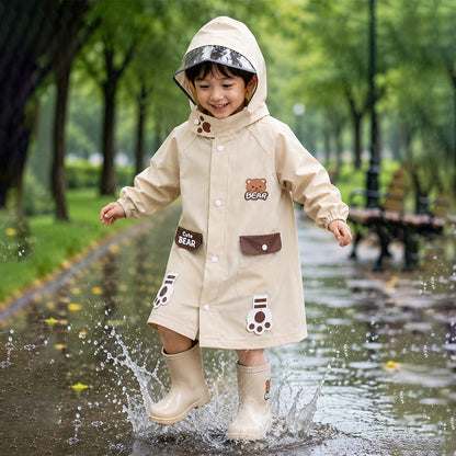 Beige Bear 3D Paw Knee Length Raincoat for Kids