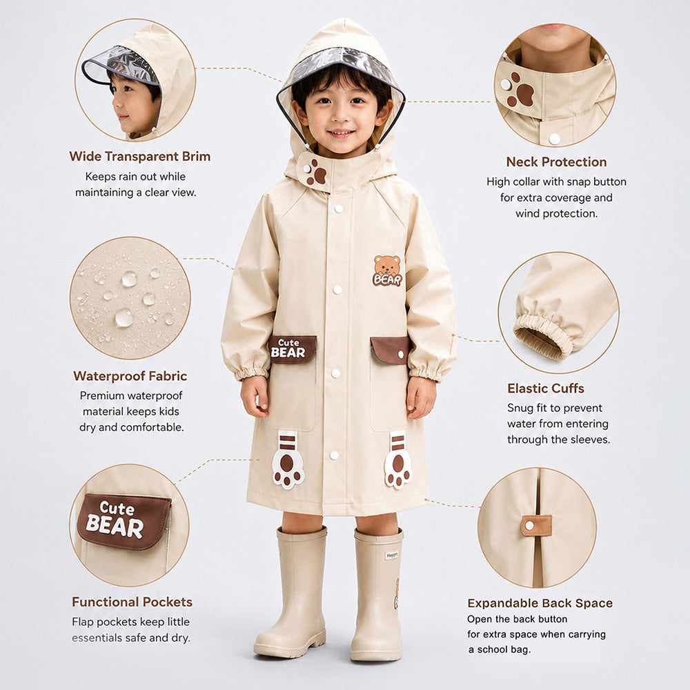Beige Bear 3D Paw Knee Length Raincoat for Kids
