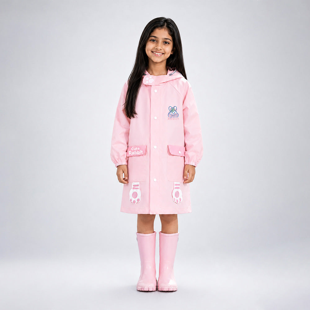 Pink Rabbit 3D Paw Knee Length Raincoat for Kids