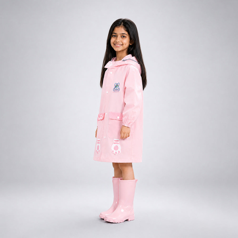 Pink Rabbit 3D Paw Knee Length Raincoat for Kids