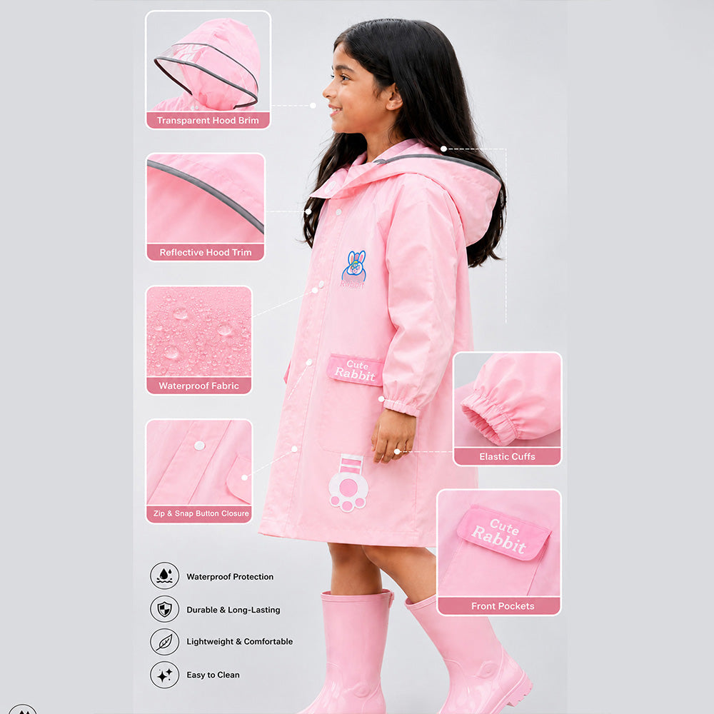 Pink Rabbit 3D Paw Knee Length Raincoat for Kids