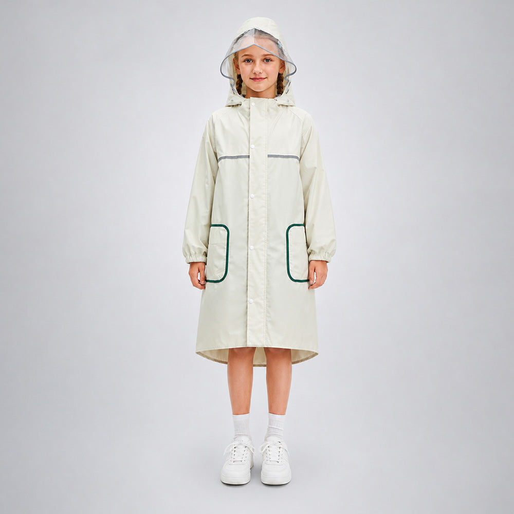 Beige Pocket Patch long Length Raincoat for Kids & Teens