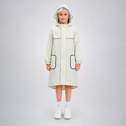 Beige Pocket Patch long Length Raincoat for Kids & Teens