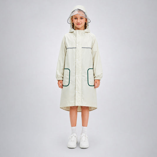 Beige Pocket Patch long Length Raincoat for Kids & Teens