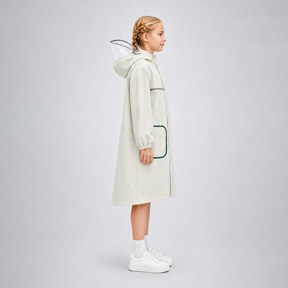 Beige Pocket Patch long Length Raincoat for Kids & Teens