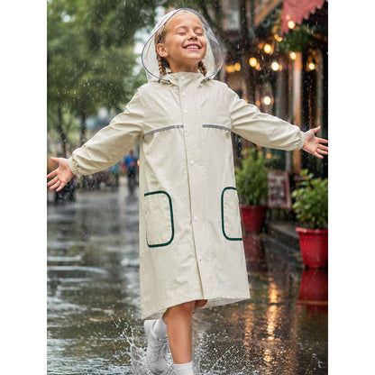 Beige Pocket Patch long Length Raincoat for Kids & Teens