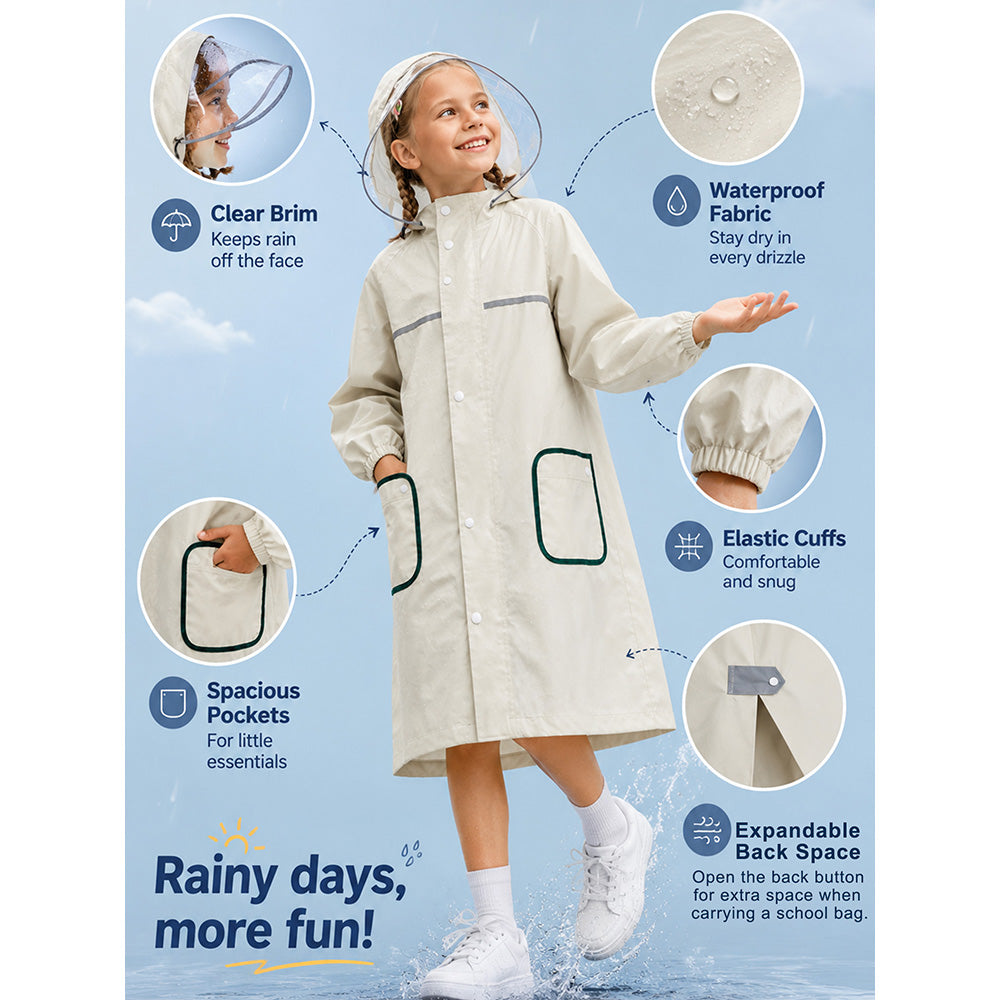 Beige Pocket Patch long Length Raincoat for Kids & Teens